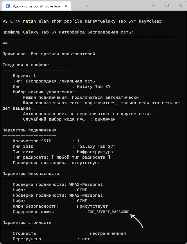 Посмотреть сохраненный пароль от Wi-Fi в командной строке Windows 11