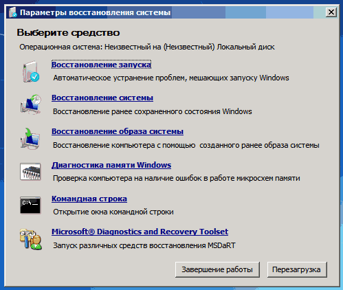 Параметры восстановления системы Windows