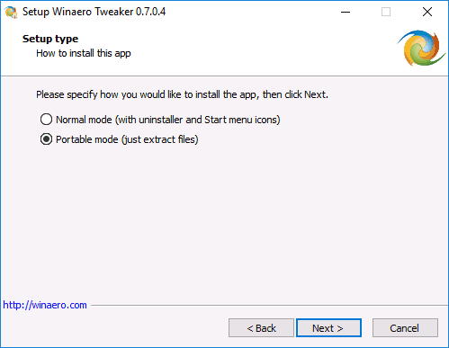 Параметры установки Winaero Tweaker
