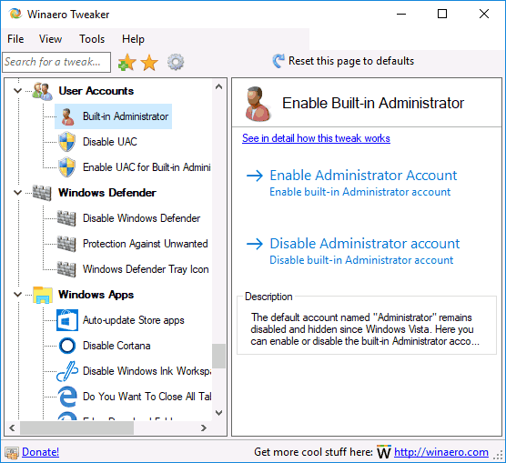 Параметры учетных записей в Winaero Tweaker