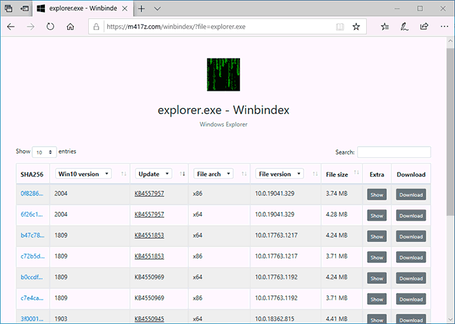 Скачивание файлов Windows 10 в Winbindex