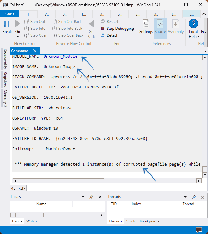 Результат анализа в WinDbg