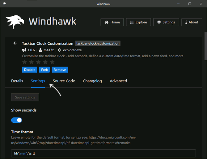 Настройки модуля Windhawk
