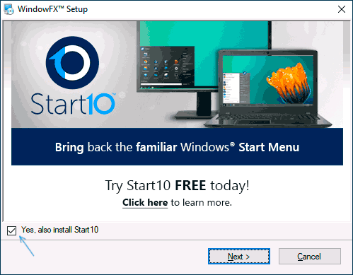 Предложение Start10 при установке WindowFX