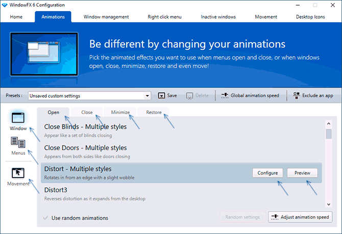 Настройка анимации окон в WindowFX