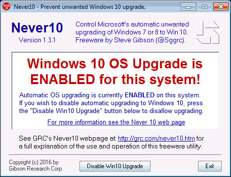 Обновление до Windows 10 включено