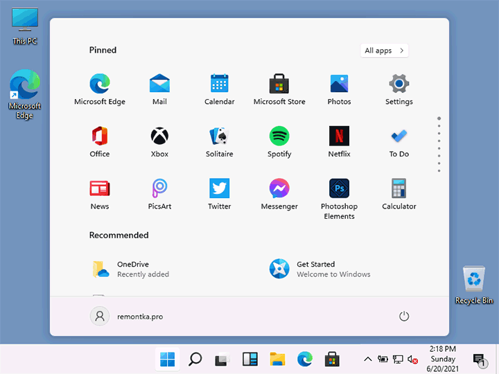 Рабочий стол и меню Пуск Windows 11