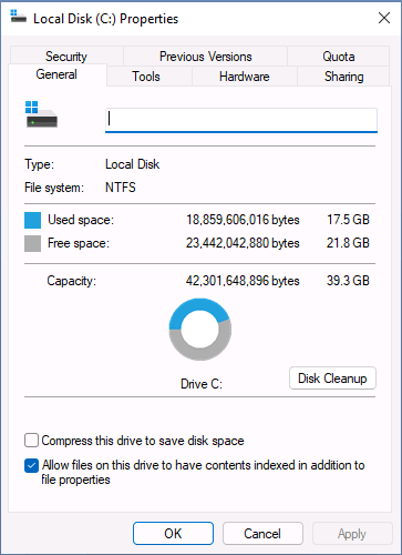 Занимаемое Windows 11 место на диске
