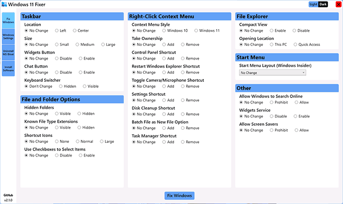 Главное окно Windows 11 Fixer