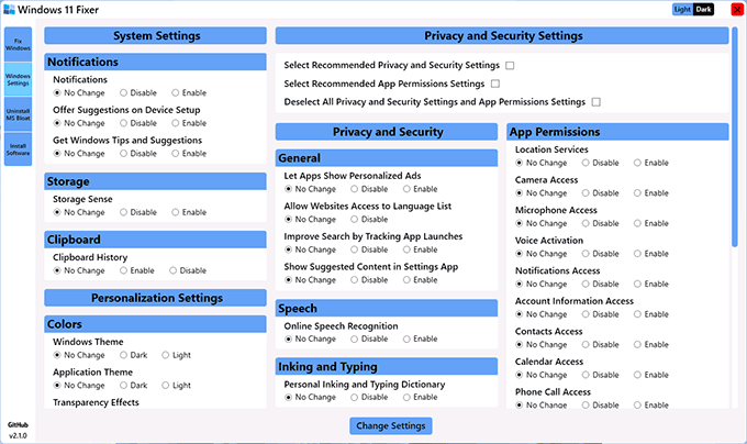 Настройки в Windows 11 Fixer