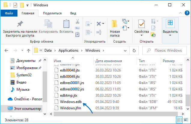 Файл Windows.edb в проводнике Windows