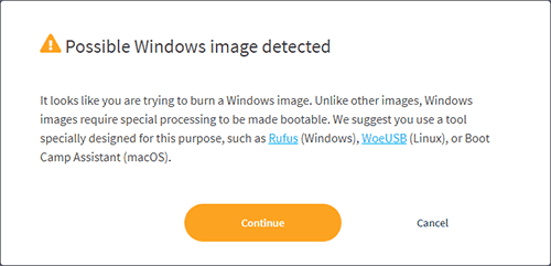 Обнаружен образ Windows в Etcher