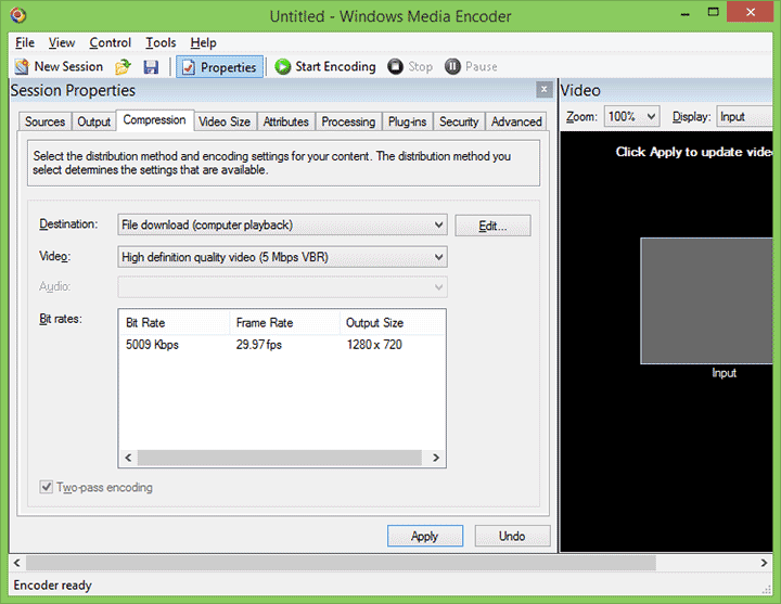 Настройки компрессии в Windows Media Encoder