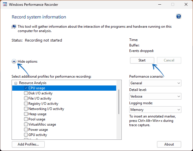 Запуск записи журнала производительности Windows