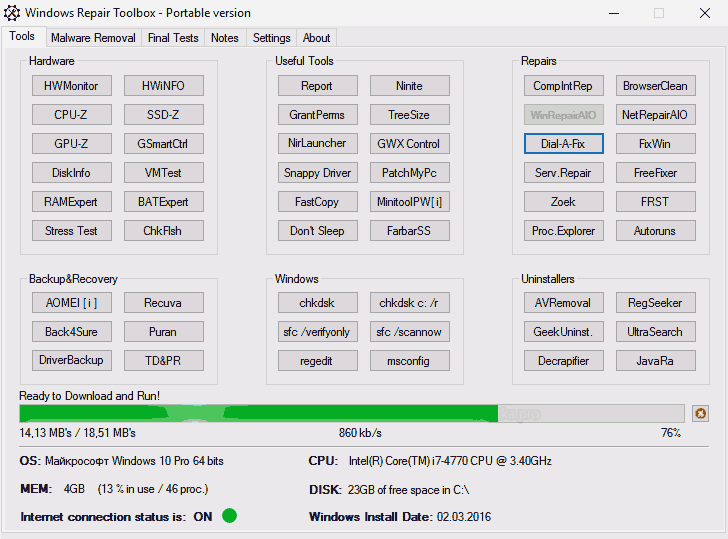 Главное окно Windows Repair Toolbox