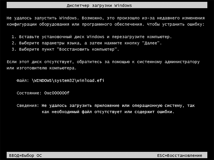 Диспетчер загрузки Windows ошибка Windows\System32\winload.efi 