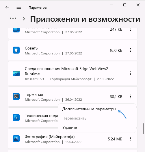Открыть дополнительные параметры приложения Терминал Windows