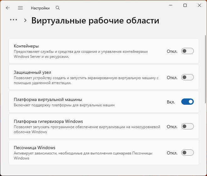 Первая часть параметров раздела виртуальные рабочие области