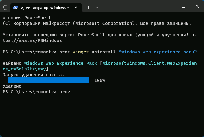 Удаление Web Experience Pack в Winget