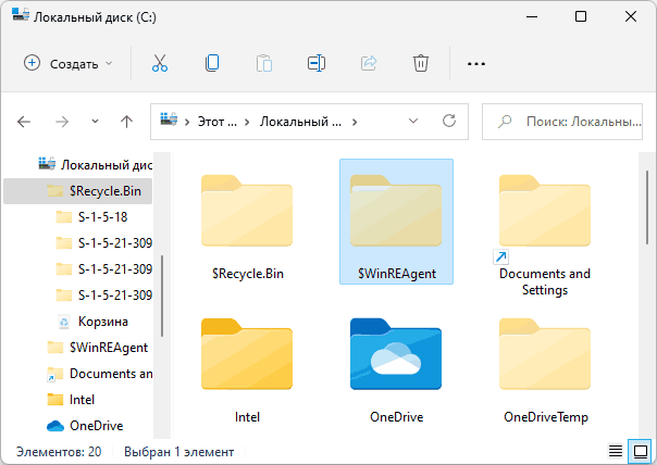 Папка WinREAgent на диске C в Windows