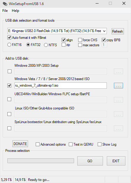 Настройки WinSetupFromUSB для FAT32