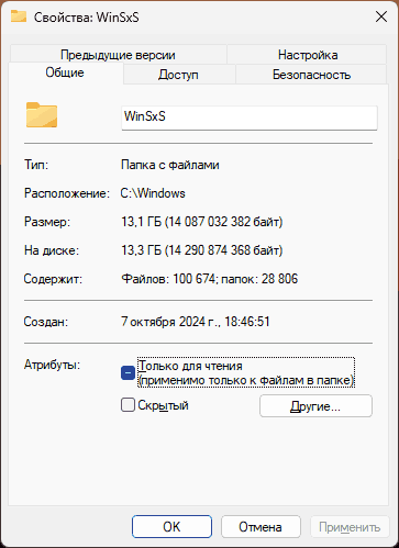 Свойства папки WinSxS в Проводнике