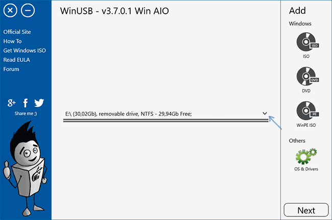 Главное окно программы WinUSB