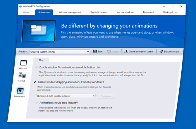 Анимация перетаскивания окон в WindowFX
