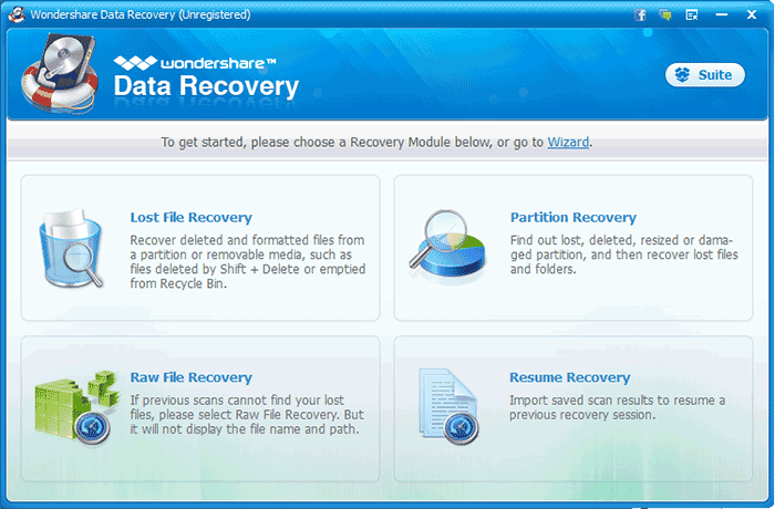 Меню программы Wondershare Data Recovery