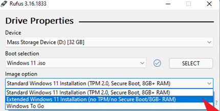 rufus - Extended Windows 11 Installation (no TPM/no Secure Boot/8Gb- RAM)