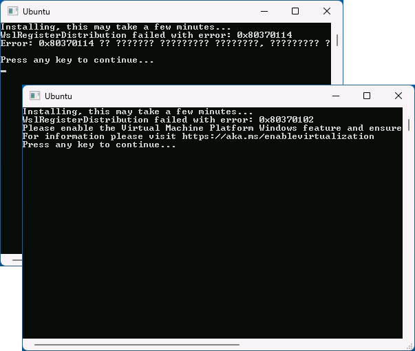 Сообщения об ошибке WslRegisterDistribution failed with error